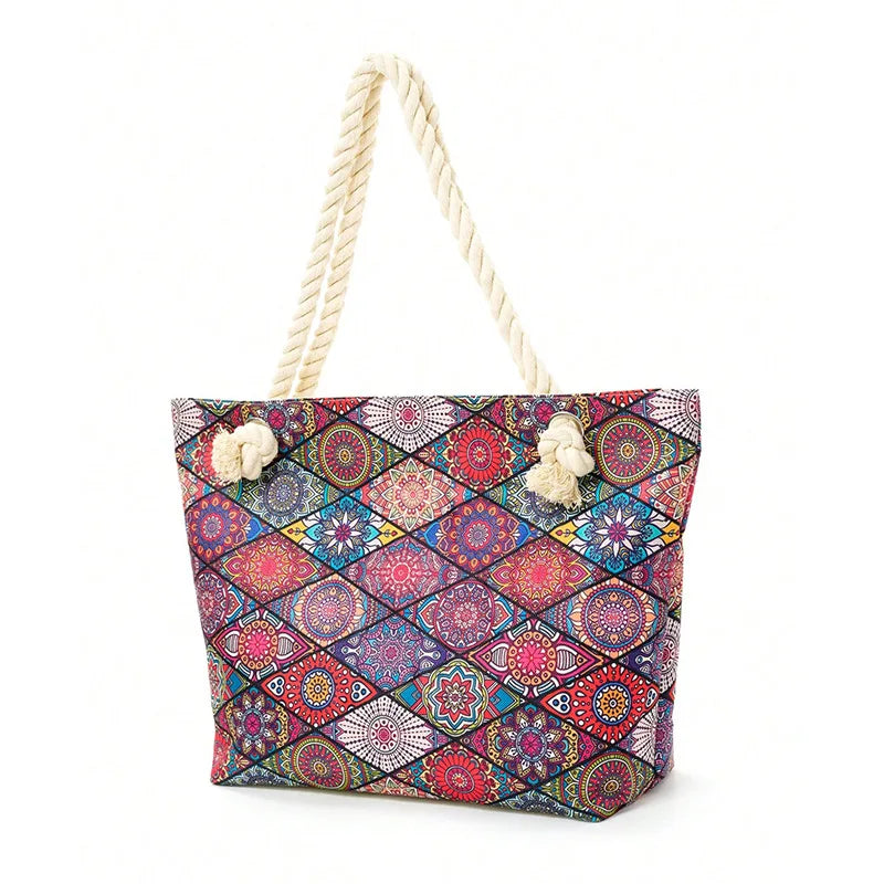 Boho Style Geometry Large Capacity Women Handbags Multifunctional Handbags Shoulder Tote Bags Swimming Storage Bag Beach Bag