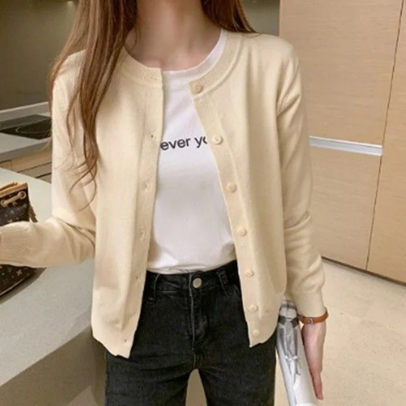 Rimocy Knitted Cardigan Jacket Women 2025 Spring Autumn Round Neck Casual Cardigans Woman Solid Color Slim Korean Jumpers Female