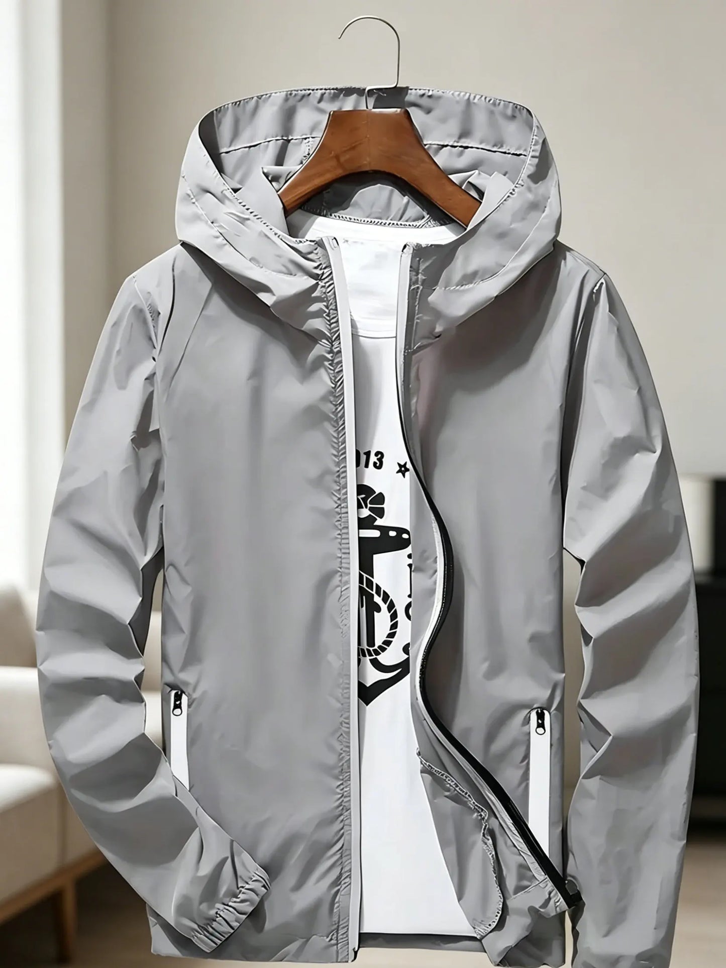 Men's Premium Lightweight Hooded Windbreaker, Quick-Dry Full-Zip Casual Jacket with Zipper Pockets for Street & Outdoor Wear