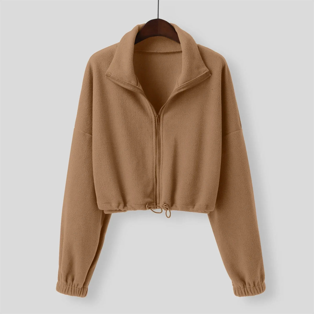 Women Autumn Stand Collar Fleece Jacket Zip Up Cropped Coat Solid Sweatshirt Top Drawstring Fashion Casual Outerwear Sportswear