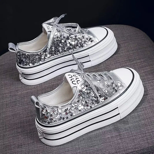 Woman Platform Sneakers Wedge Shoes Female Spring Autumn Sequins Bling Casual Shoes Ladies Thick-soled Canvas Shoes
