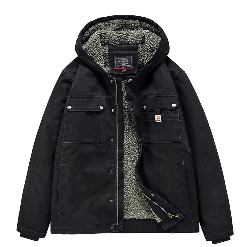 New Fashion Men Hooded Fleece Warm Down Jackets Casual Fit Coats Quality Male Cotton Multi-pockets Cargo Jackets Tooling Coats 4
