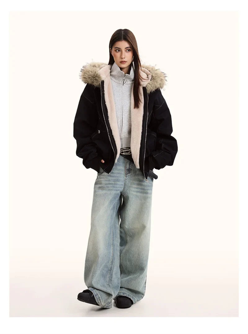 ZAROY Fur Collar Hooded Parkas Y2k Harajuku Thicken Padded Jackets Casual Zipper Gothic Women&Men Winter Coats Streetwear кур
