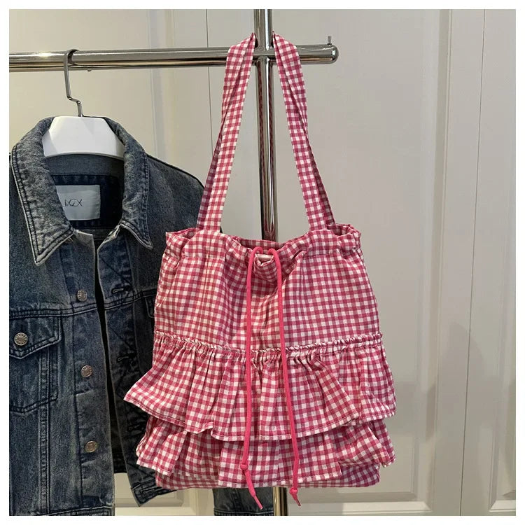 Large Capaci Cute Plaid Cotton Tote Bag  Lace Trim Women's Summer 2025 Simple Lady Handbag Soft Shoulder Bags Bolsa Feminina