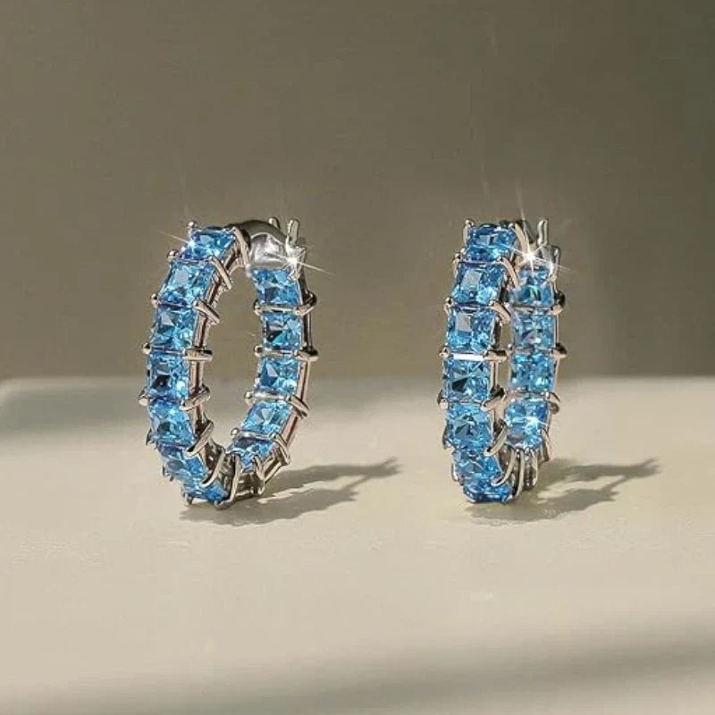 Huitan Princess Square Cubic Zirconia Hoop Earrings Luxury Trendy Ear Circle Earrings for Women Fashion Versatile Female Jewelry