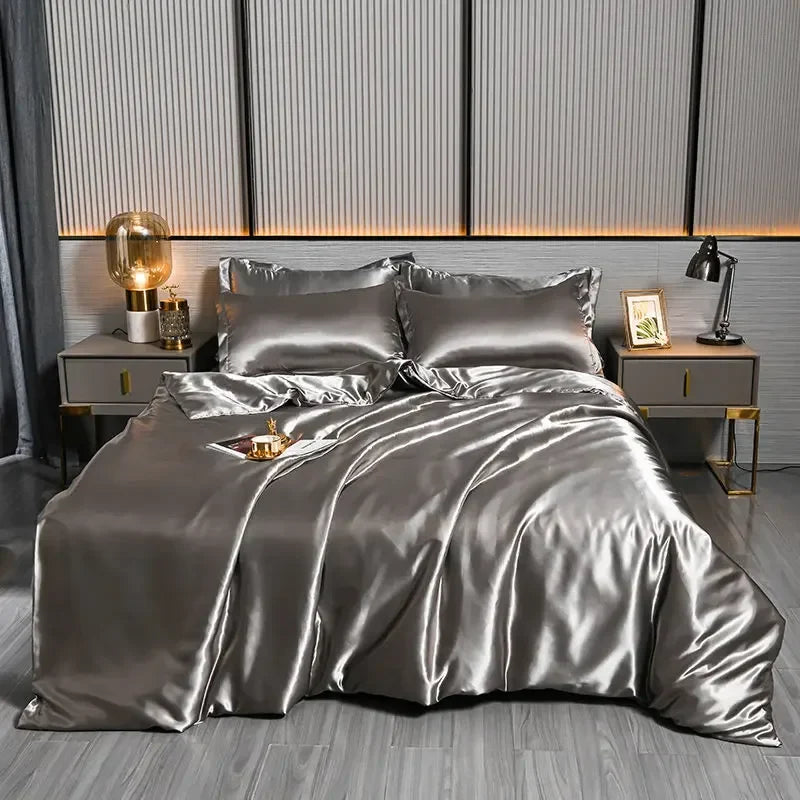 Luxury 100% Silk Bedding Set with Duvet Cover Set Double King Queen Size Bedding Cover Kit 4pcs Bed Cover Bed Linen Sets