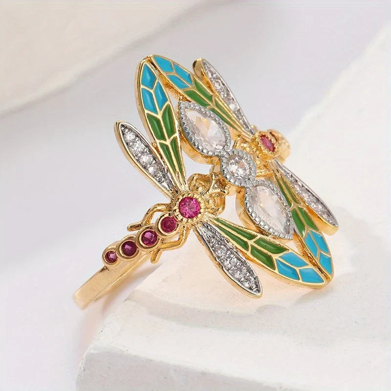 Gorgeous Vintage Insect Dragonfly Ring for Men Women Blue Cubic Synthetic Zirconia Party Jewelry Christmas Anniversary Gift