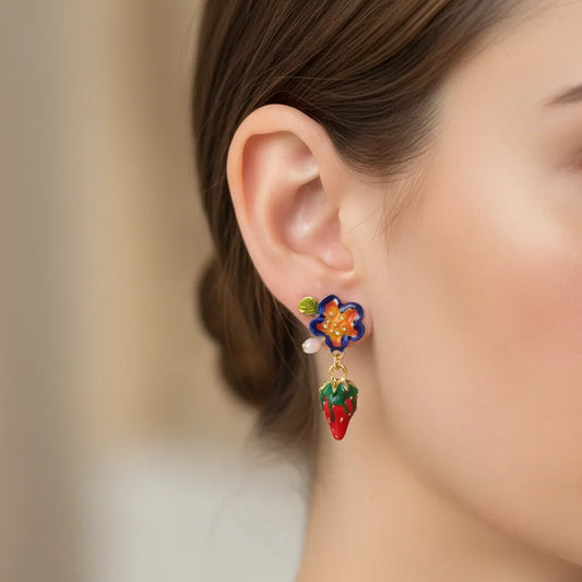 Cute Enamel Flower & Strawberry Drop Earrings - Sweet Fruit Dangle Jewelry for Women Girls Brithday Daily Ear Charm Jewelry Gift
