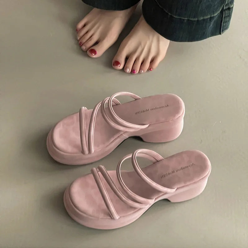 Summer Platform Heel Women Slippers Fashion Open Toe Narrow Band Slide Ladies Elegant Street Style Shoes Fashion Sandals Slides