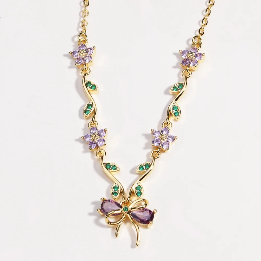 Summer New Fashion Exquisite Bow Leaf Flower Necklace For Women's Elegant Pink Zircon Chain Pendant Jewelry Gifts