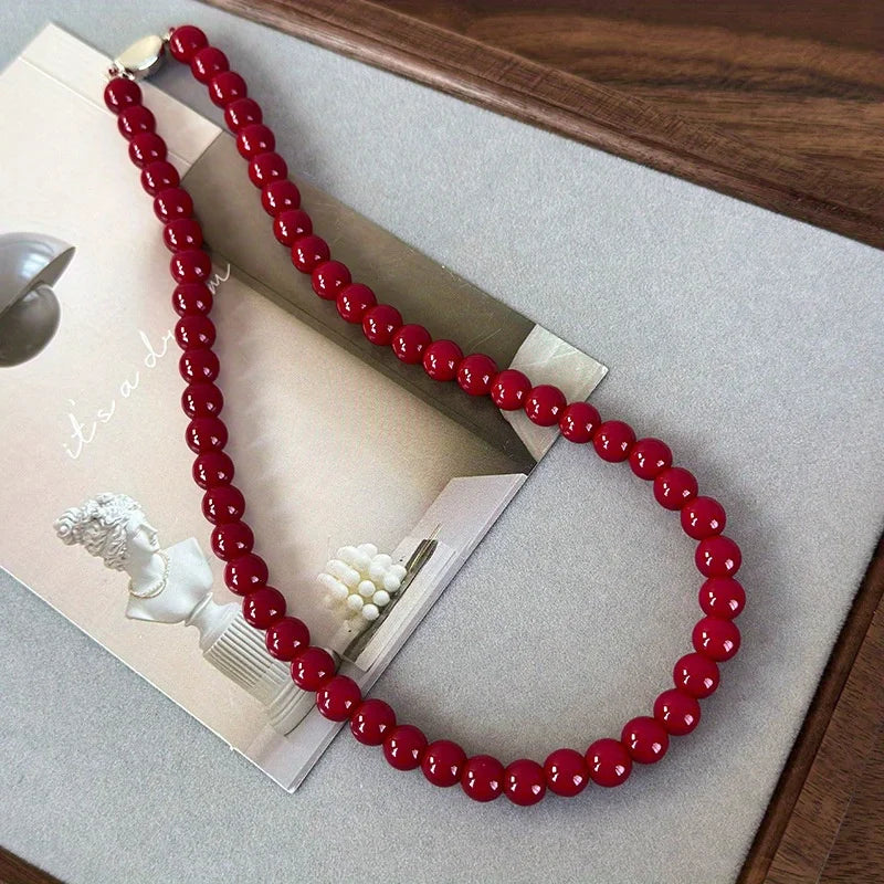 Handmade Vintage Chinese Style Glass Bead Necklace with Antique Red Glass Beads and Gold Coin Closure, Versatile Neckpiece