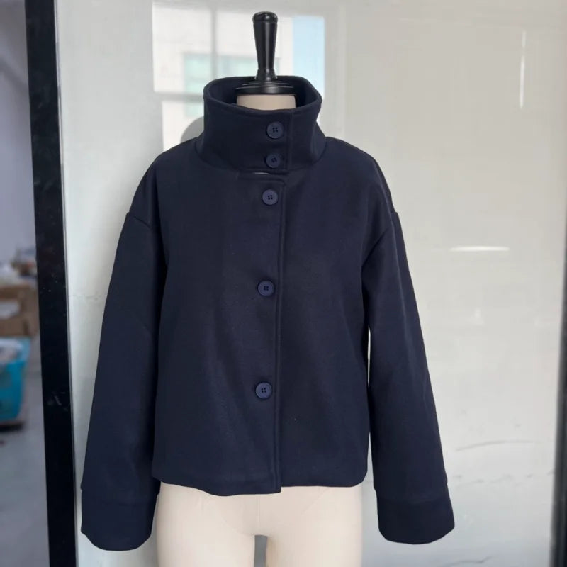 Fashion Short Woolen Coat For Women Stand Collar Full Sleeve Loose Zipper Jacket Female 2025 Spring Autumn Solid Lady Outwear
