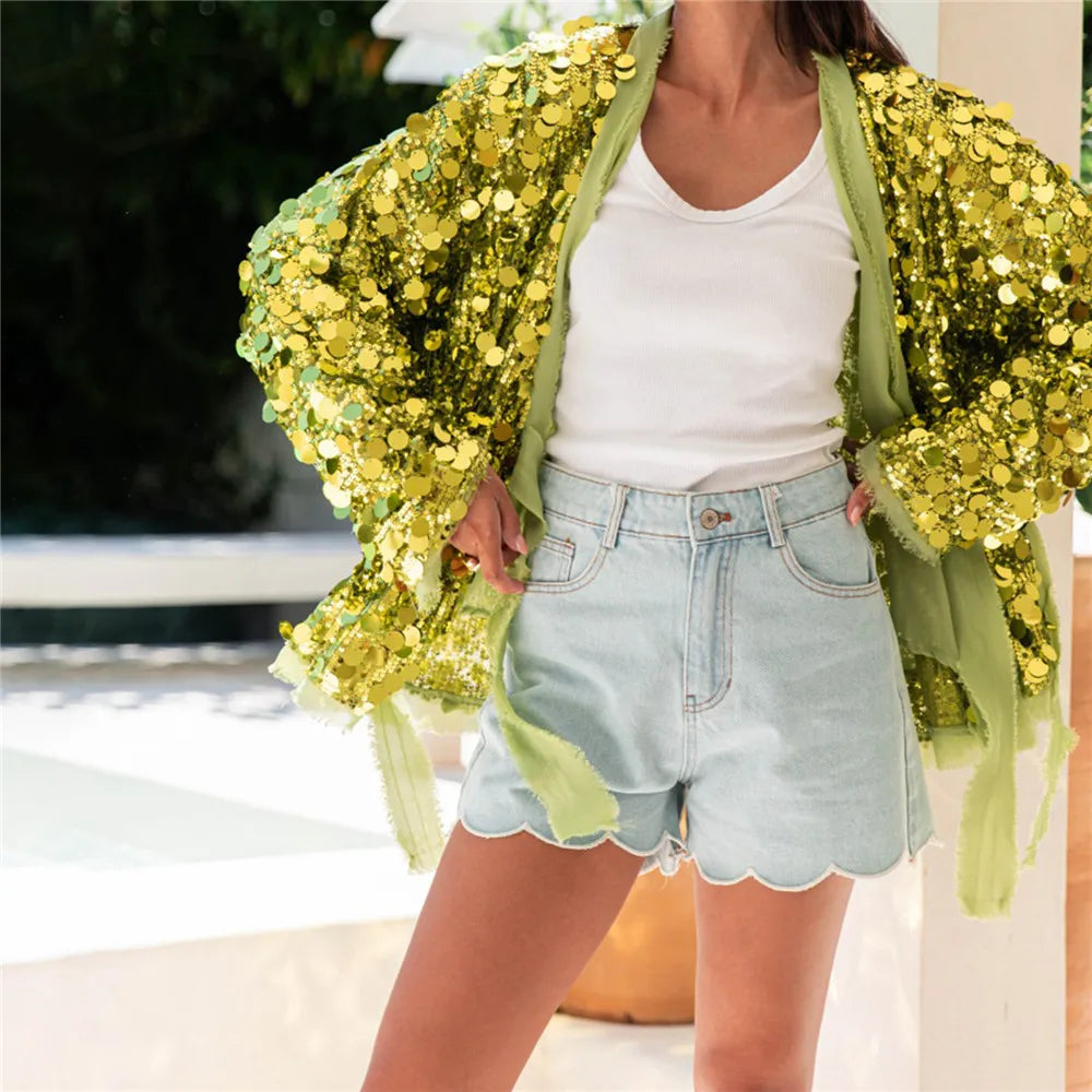 Shiny Sequin Cardigan for Women Trendy V Neck Front Wrap Tie Long Sleeve Coat Ladies Fashionable Sparkling Pullover Tops Punk