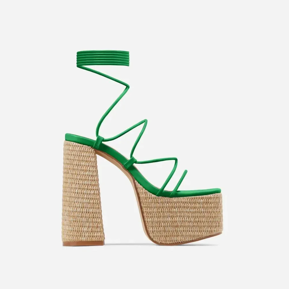 Woven Platform Lace Up Strappy Sandals Block Heel Open Toe Solid Color Sexy Roman Style Women Shoes Summer 2026 New Arrivals