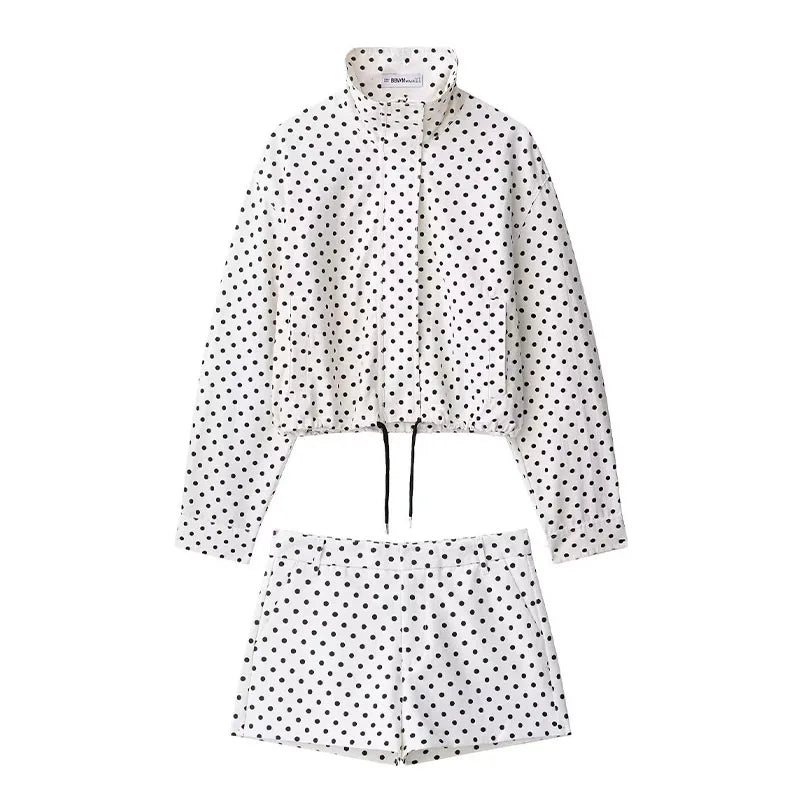 HH Fashion Women's Polka Dot Print Short Coats Autumn Long Sleeves Turtleneck Zipper With Pockets Drawstring Casual Jacket