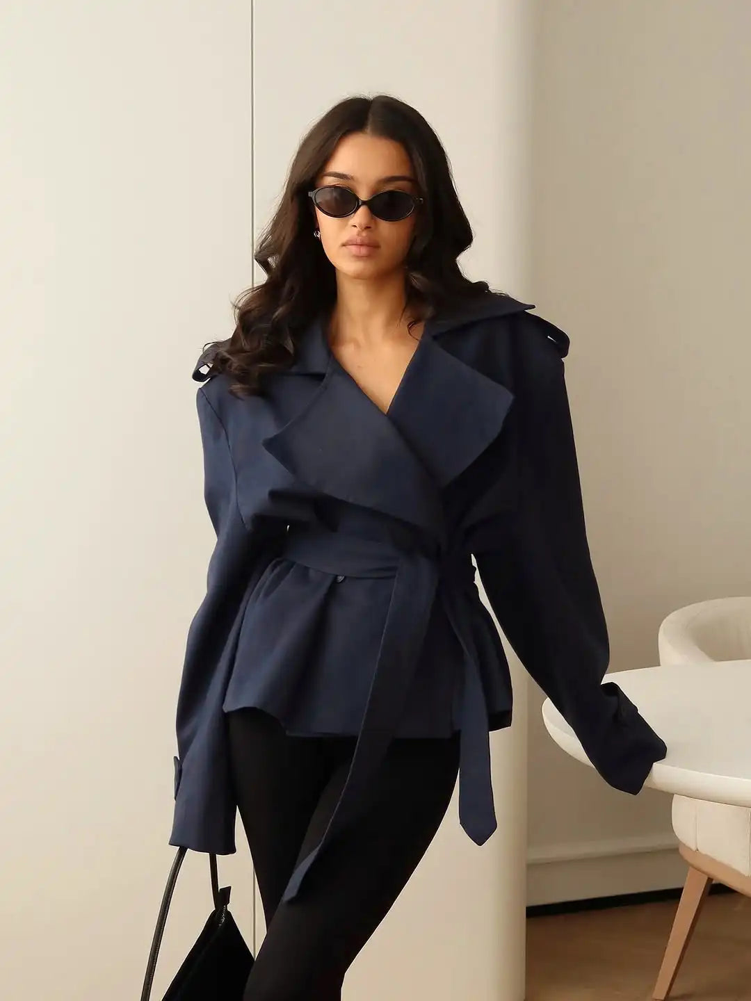 Fashion Women Lace Up Cropped Trench Coat 2026 Lapel Long Sleeves Wide Shoulder Windbreaker Jacket Lady Spring Commuting Outwear