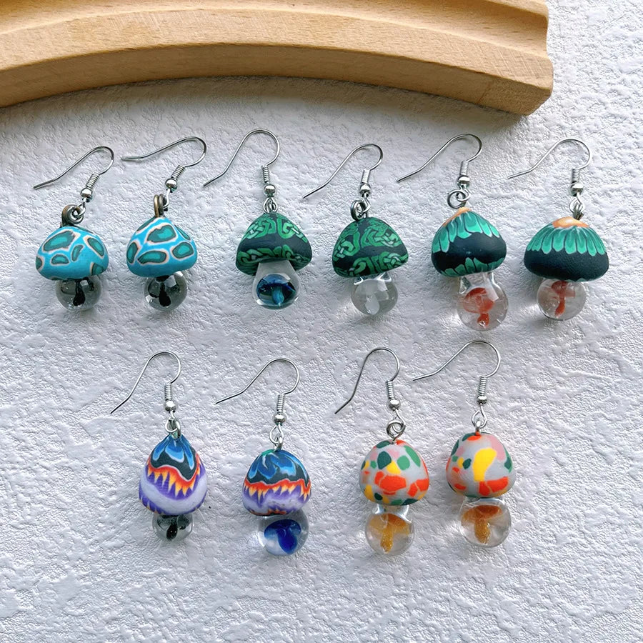 New Cute Polymer Clay Mushroom Acrylic Drop Earrings for Women Cartoon Colorful Flower Pendant Earring 2024 Trend Jewelry Gift
