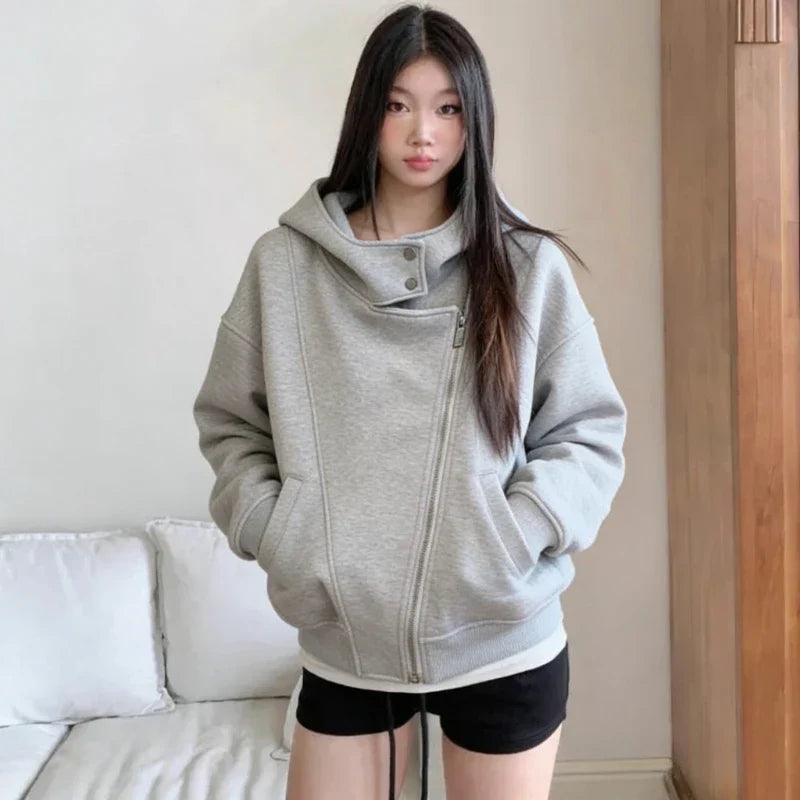 American Vintage Hooded Long Sleeve Jacket Women Autumn Winter Casual Slim Cardigan Top Harajuku Solid Y2k Zipper Clothes 2025