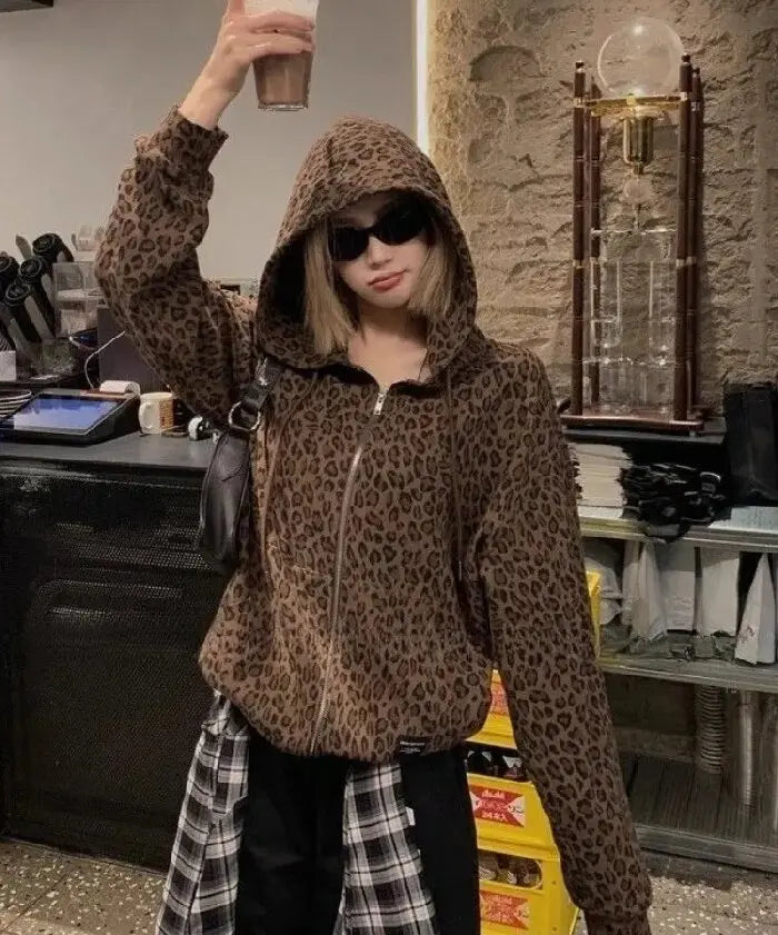 Y2K Leopard Print Hooded Jacket Women Full Zip Drawstring Hood Long Sleeve Loose Fit Streetwear Street Club Ladies Outerwear