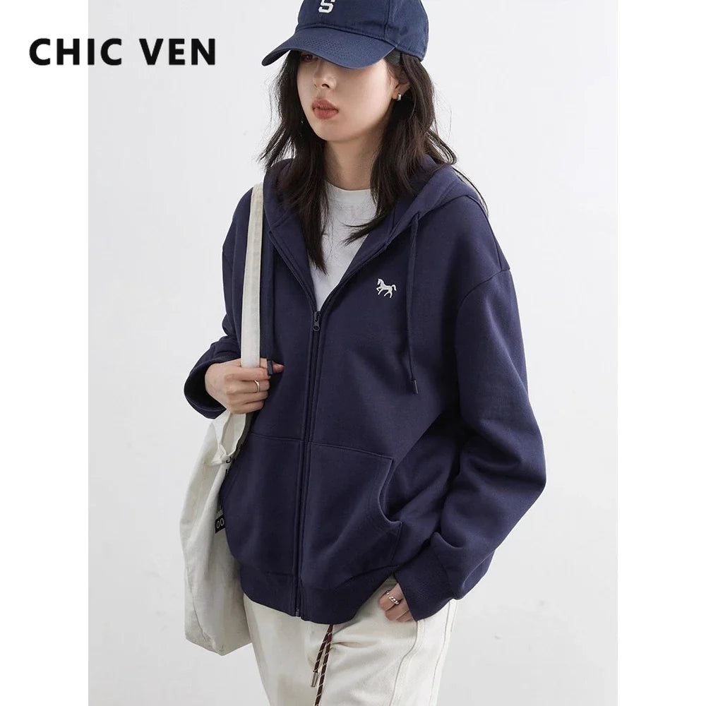CHIC VEN Korean Women Sweatshirts Loose Casual New Hooded Female Top Drawstring Ladies Jacket Fleece Pullover Autumn Winter 2025