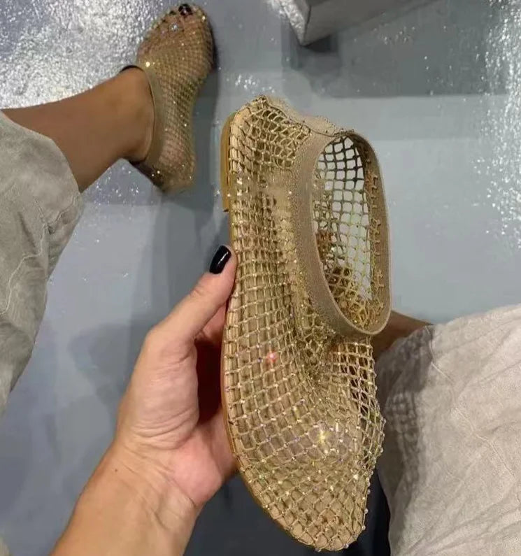 Luxury brand Women's New Round Toe Flat Bottom Slippers Hollow Short Boots Water Diamond Sexy Flat Bottom Banquet  Sandals