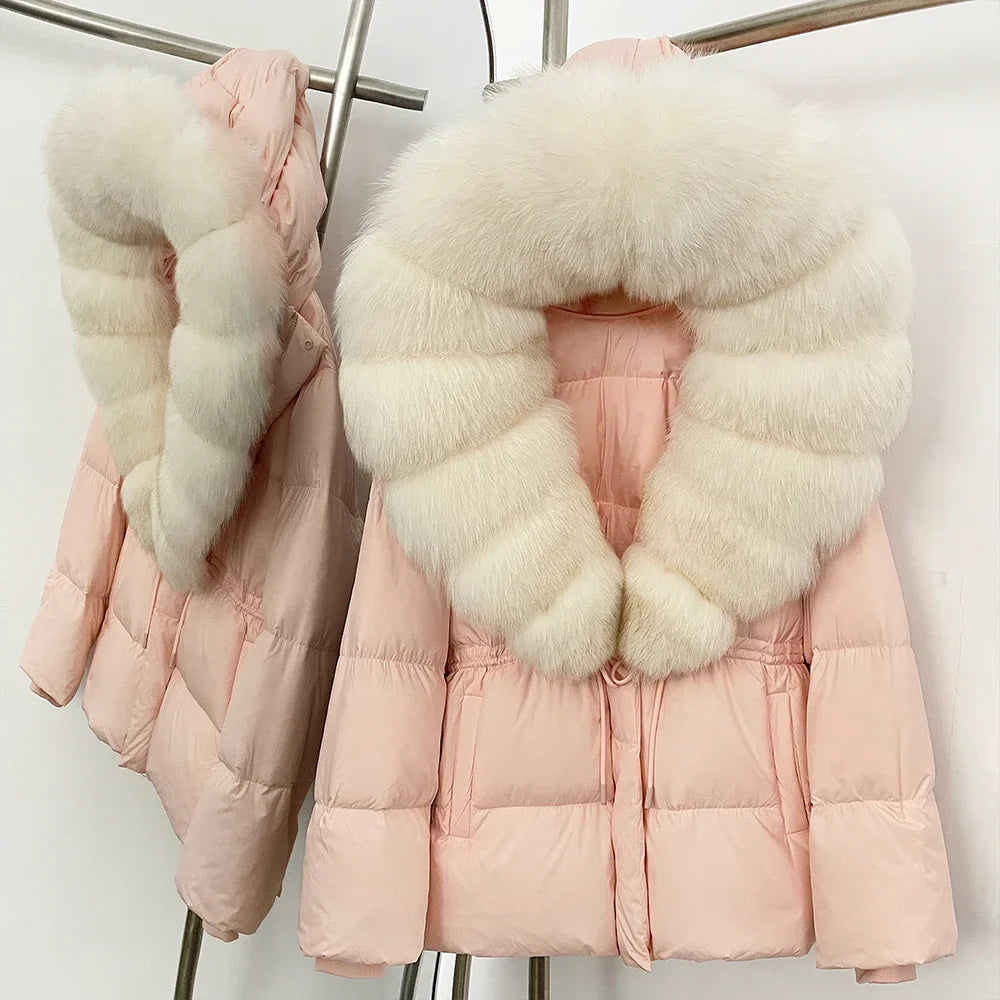 Reality Fur Jacket Real Fur Collar Duck Down Coat Female Winter Hooded Warm Fox Fur Coat Women Natural Raccoon Fur Puffer Jacket