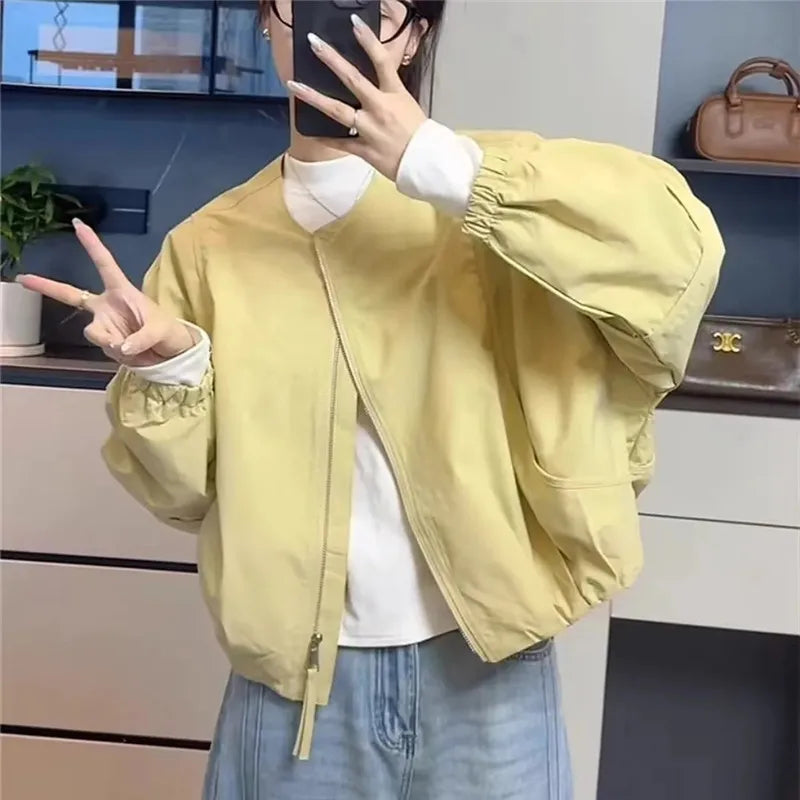 Korean Version Simple Women's Round Neck Solid Color Short Coat 2026 Spring New Female Casual Loose Jacket Joker Little Overwear