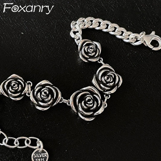 FOXANRY Vintage Punk Rose Flower Chain Bracelet Charm Women Girl New Fashion Creative Geometric Handmade Party Jewelry Gifts