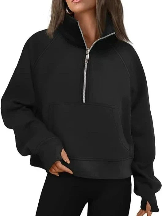 New Women's Spring Autumn Winter Stand Collar Plus Fleece Solid Color Hoodie Long Sleeve Pocket Loose Half Zip Pullover Hoodie