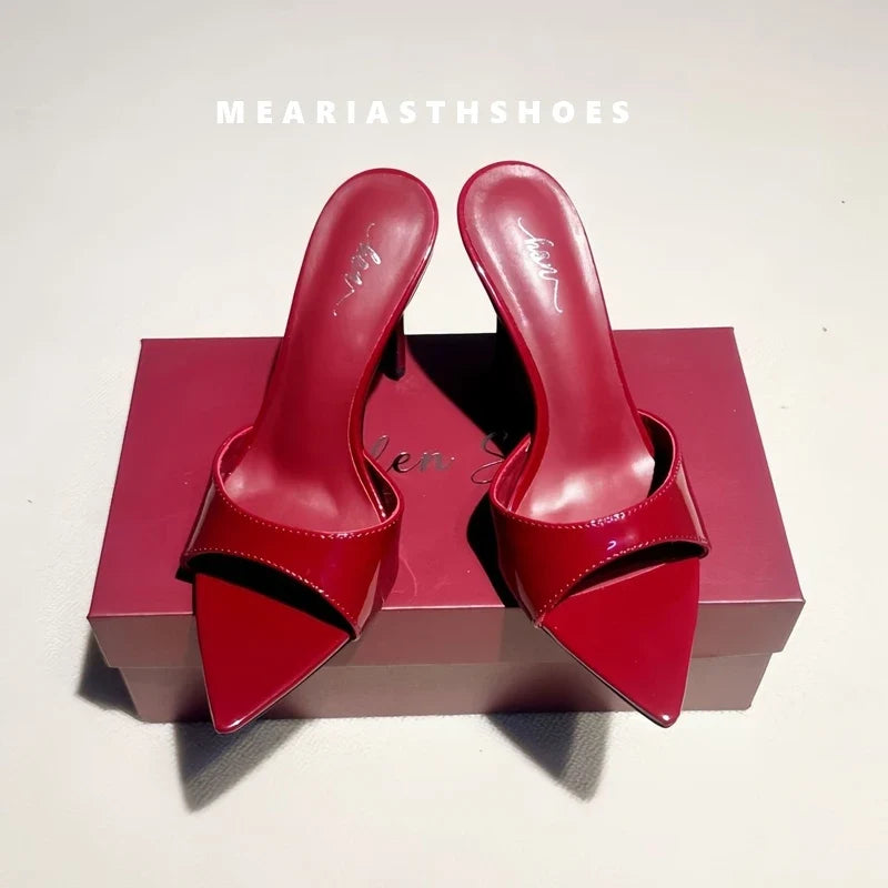 12/10cm pointed Open Toe High Heel Shoes Woman Summer OutsideSlipper Party Stiletto Luxury Designer Patent Leather Women Sandals