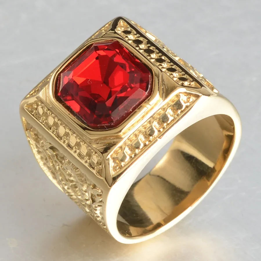 Keisha Lena Gold Plated Titanium Steel Inlay Red Blue Square Stone Men Ring Australian Gem Zirconia Wedding Ring Christmas Gift