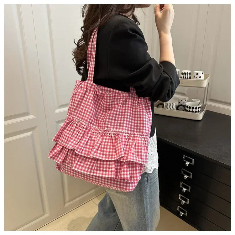 Large Capaci Cute Plaid Cotton Tote Bag  Lace Trim Women's Summer 2025 Simple Lady Handbag Soft Shoulder Bags Bolsa Feminina