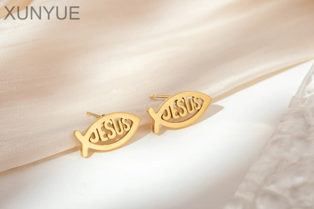 Vintage Stainless Steel Fish Shape JESUS Earrings Christian Symbol Jesus Ear Studs Fish Pendant For Unisex