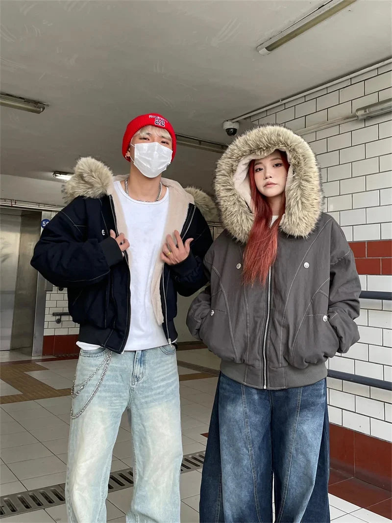 ZAROY Fur Collar Hooded Parkas Y2k Harajuku Thicken Padded Jackets Casual Zipper Gothic Women&Men Winter Coats Streetwear кур