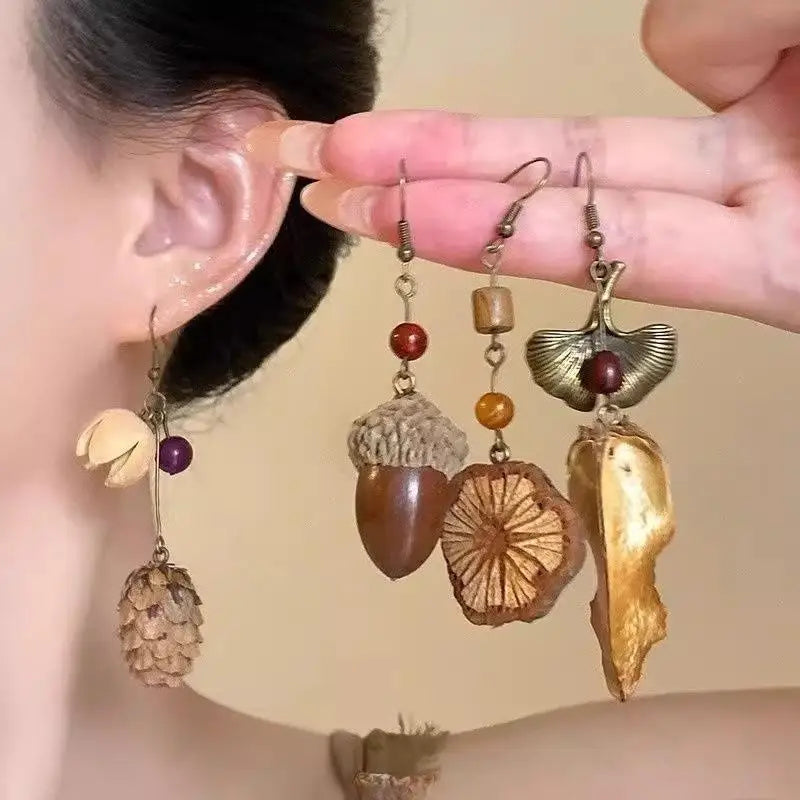1Pair Vintage Wooden Plant Earring For Women Creative Natural Plant Dried Fruits Drop Earrings Ethnic Jewelry