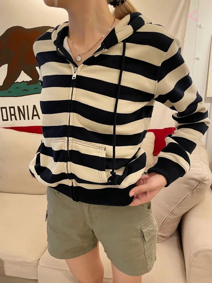 Stripes Vintage Zip-up Hoodie Woman Drawstring Hooded Long Sleeve Cotton Coat Casual Preppy Style Sweet Cute Hoodies Top Clothes