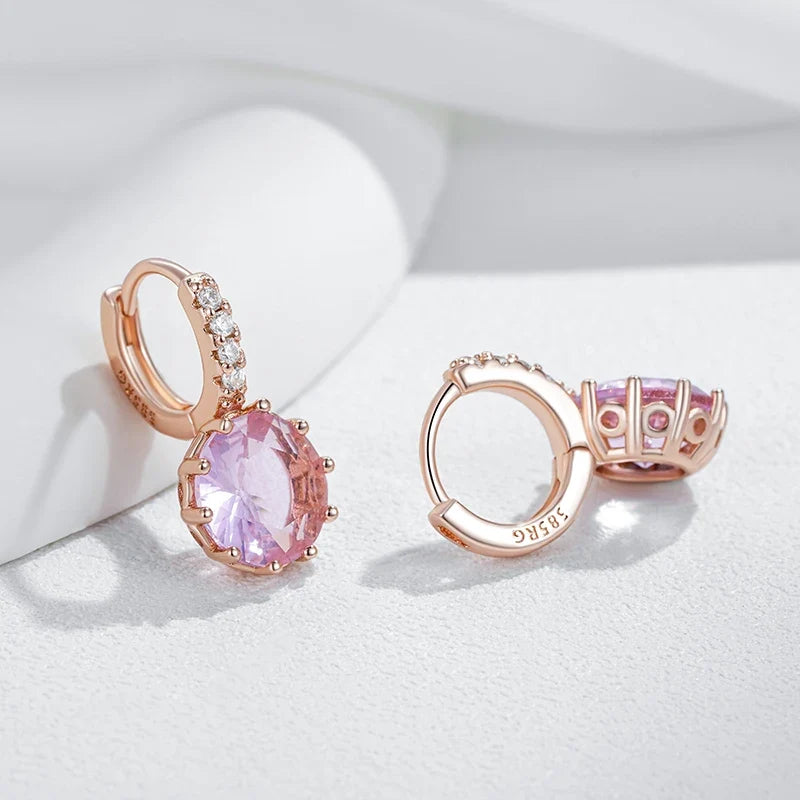 Kinel Hot Shiny Pink Natural Zircon Bride Drop Earrings for Women Fashion 585 Rose Gold Color High Quality Daily Fine Jewelry