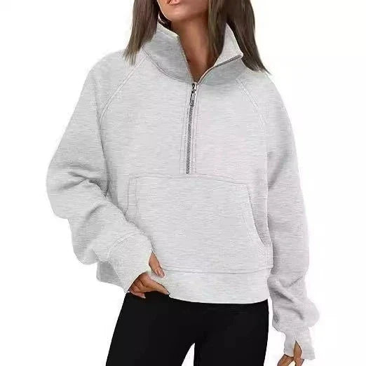 New Women's Spring Autumn Winter Stand Collar Plus Fleece Solid Color Hoodie Long Sleeve Pocket Loose Half Zip Pullover Hoodie