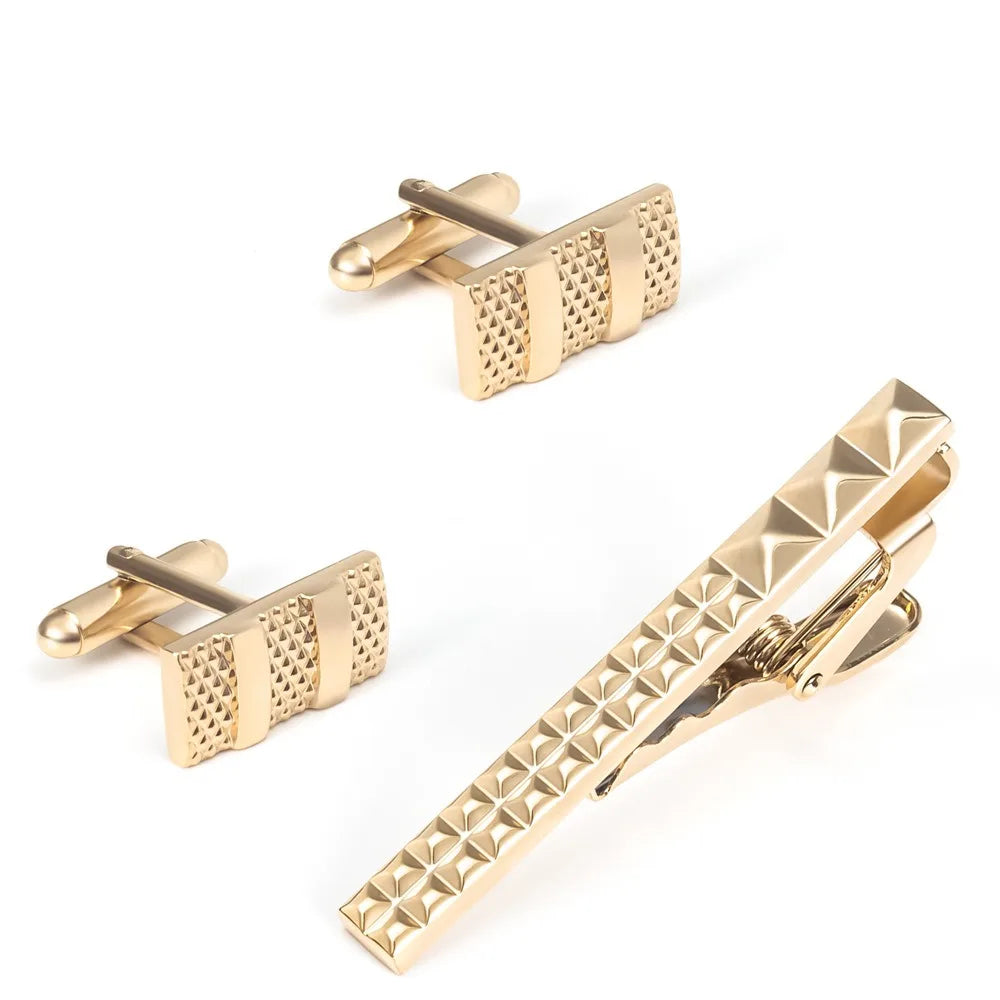 A Set New Stock High-End Electroplated Mesh Metal Tie Clip French Cufflinks Set for Men Premium Quality Stylish Grid