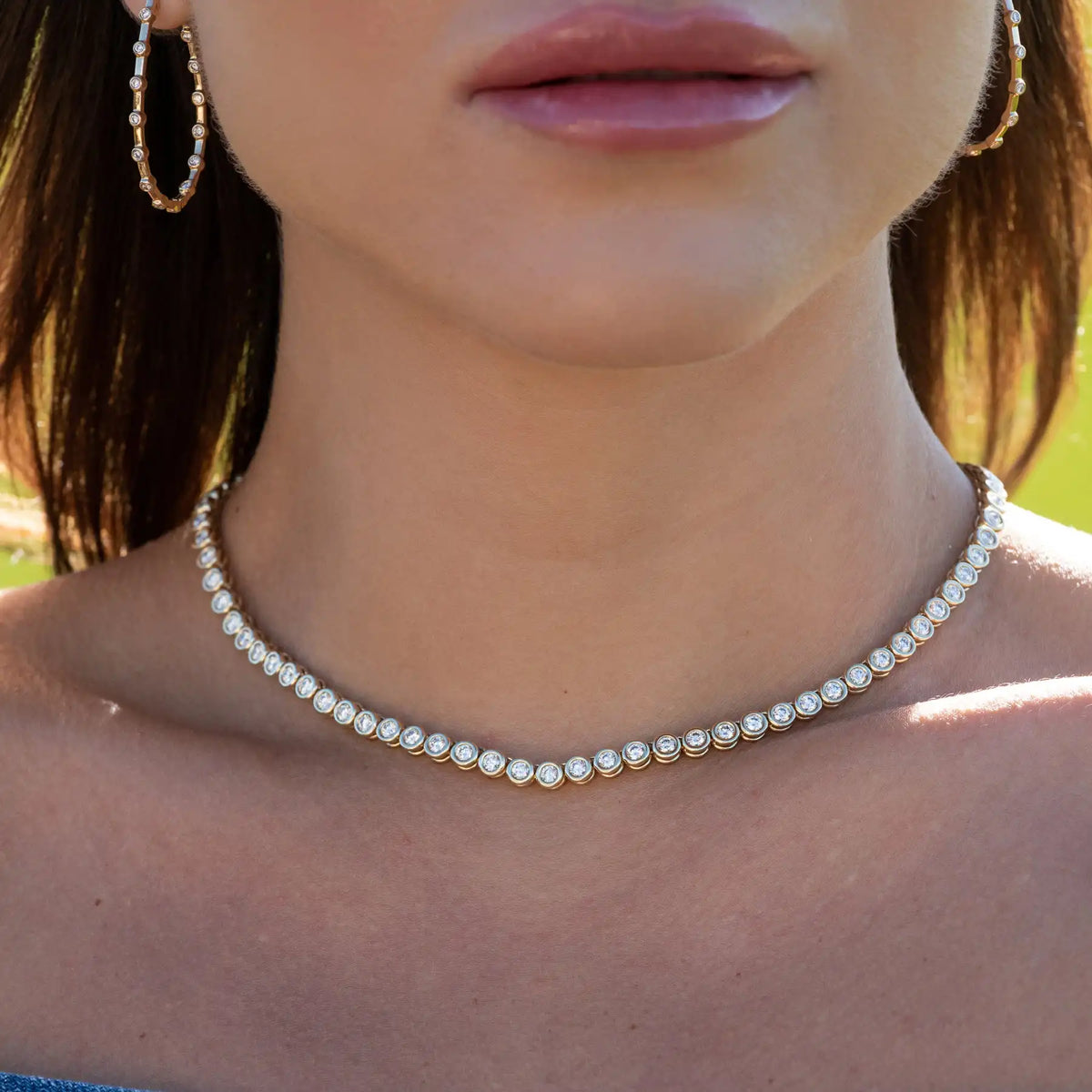 Geometric High Quality Fashion Women Jewelry Bezel Set Round Shaped Tennis Chain Bracelet Necklace Set