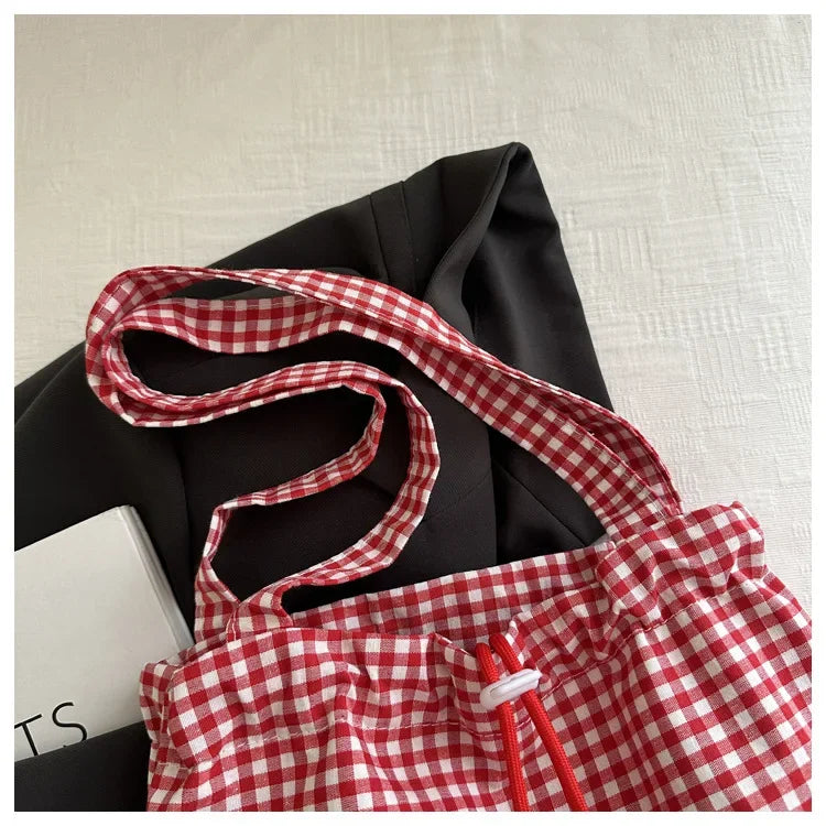 Large Capaci Cute Plaid Cotton Tote Bag  Lace Trim Women's Summer 2025 Simple Lady Handbag Soft Shoulder Bags Bolsa Feminina