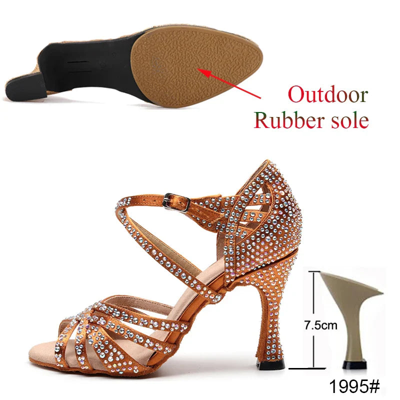 Latin Dance Shoes Ladies Salsa Tango Sneakers Training Dance Shoes High Heel Sandals Summer Square Dance Shoes Bronze Black