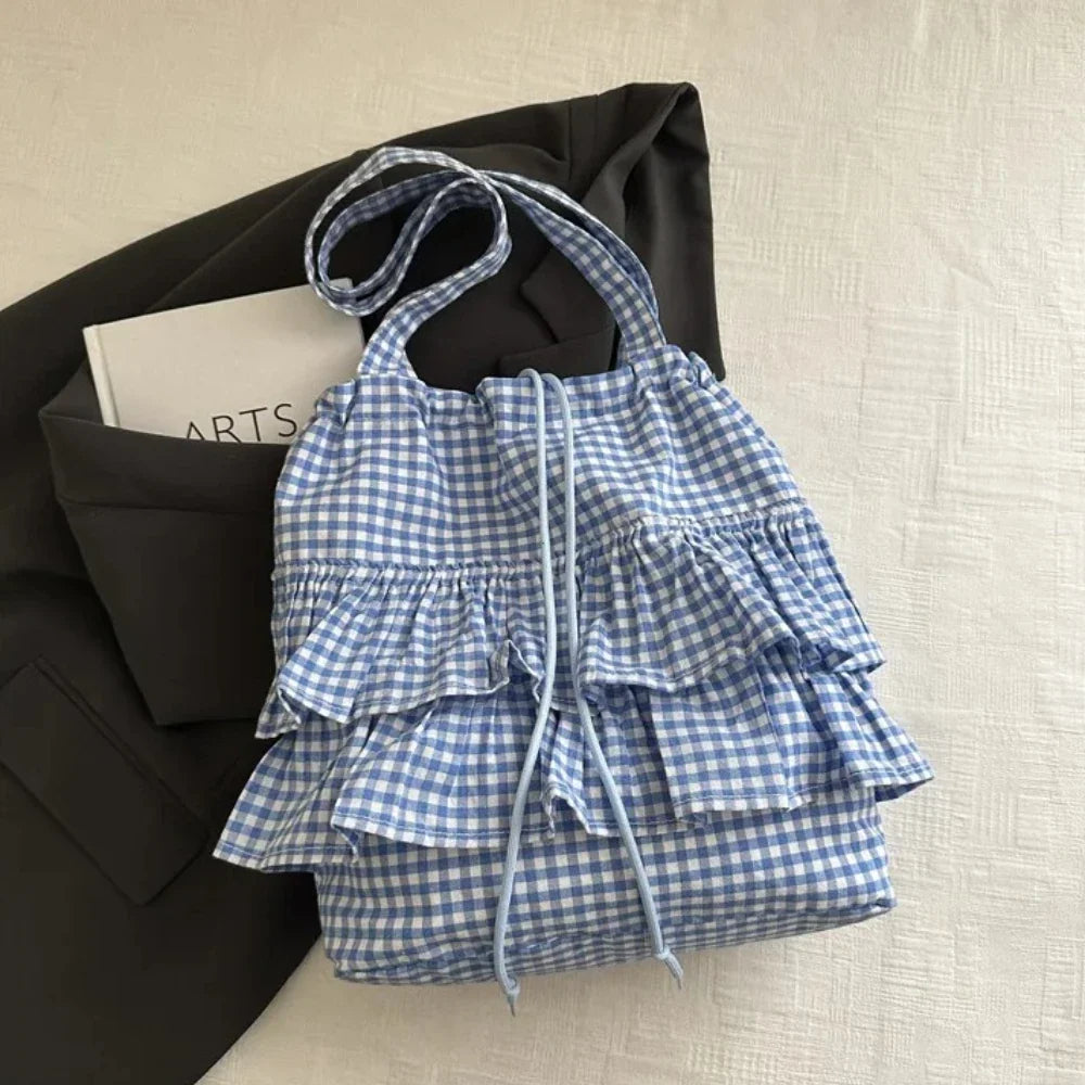 Large Capaci Cute Plaid Cotton Tote Bag  Lace Trim Women's Summer 2025 Simple Lady Handbag Soft Shoulder Bags Bolsa Feminina