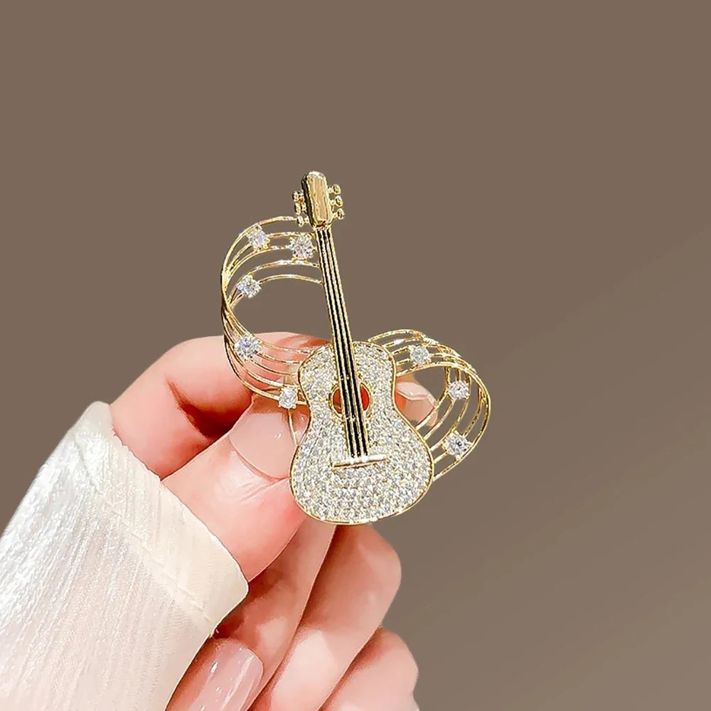Trendy Guitar Brooch Shining Rhinestones New Unique High-end Design Creative Elegance Brooch Chest Flower Party Delicate Jewelry