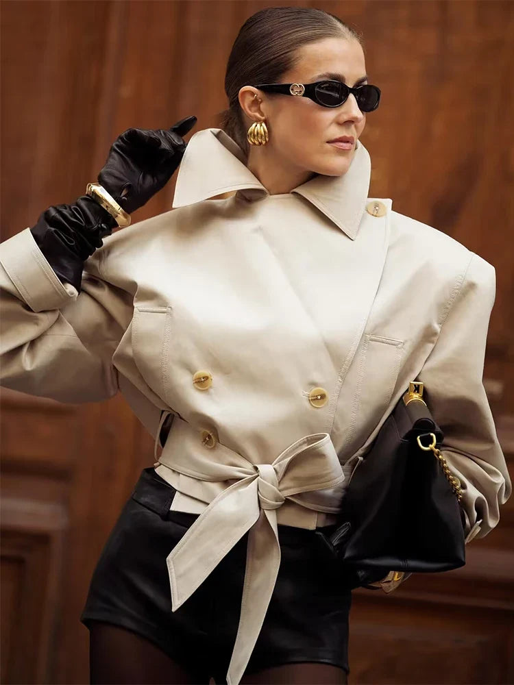 SLTNX 2026 New Women's British Wind Trench Coat Style Double-breasted Long Sleeve Belt Lapel Jacket Short Coat