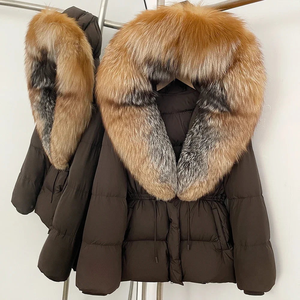 Reality Fur Jacket Real Fur Collar Duck Down Coat Female Winter Hooded Warm Fox Fur Coat Women Natural Raccoon Fur Puffer Jacket
