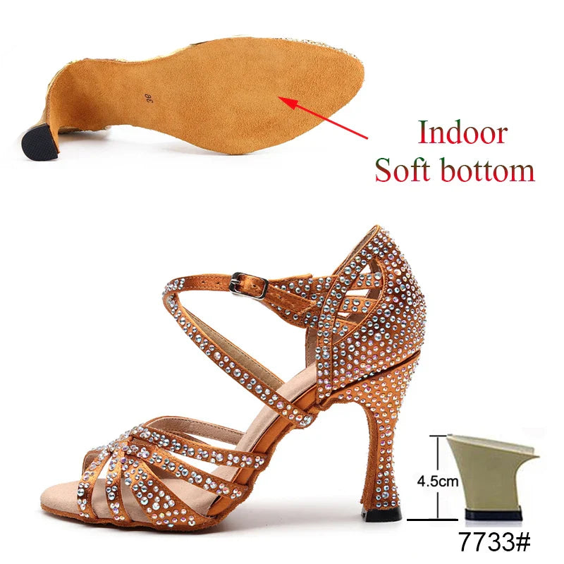 Latin Dance Shoes Ladies Salsa Tango Sneakers Training Dance Shoes High Heel Sandals Summer Square Dance Shoes Bronze Black