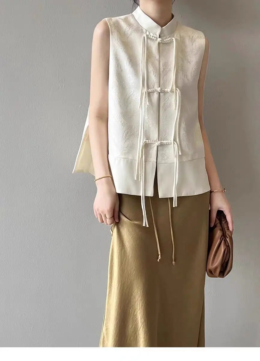 2026 spring new chinese new style plate buckle waistcoat jacket jacquard stand collar sleeveless retro women cheongsam waistcoat