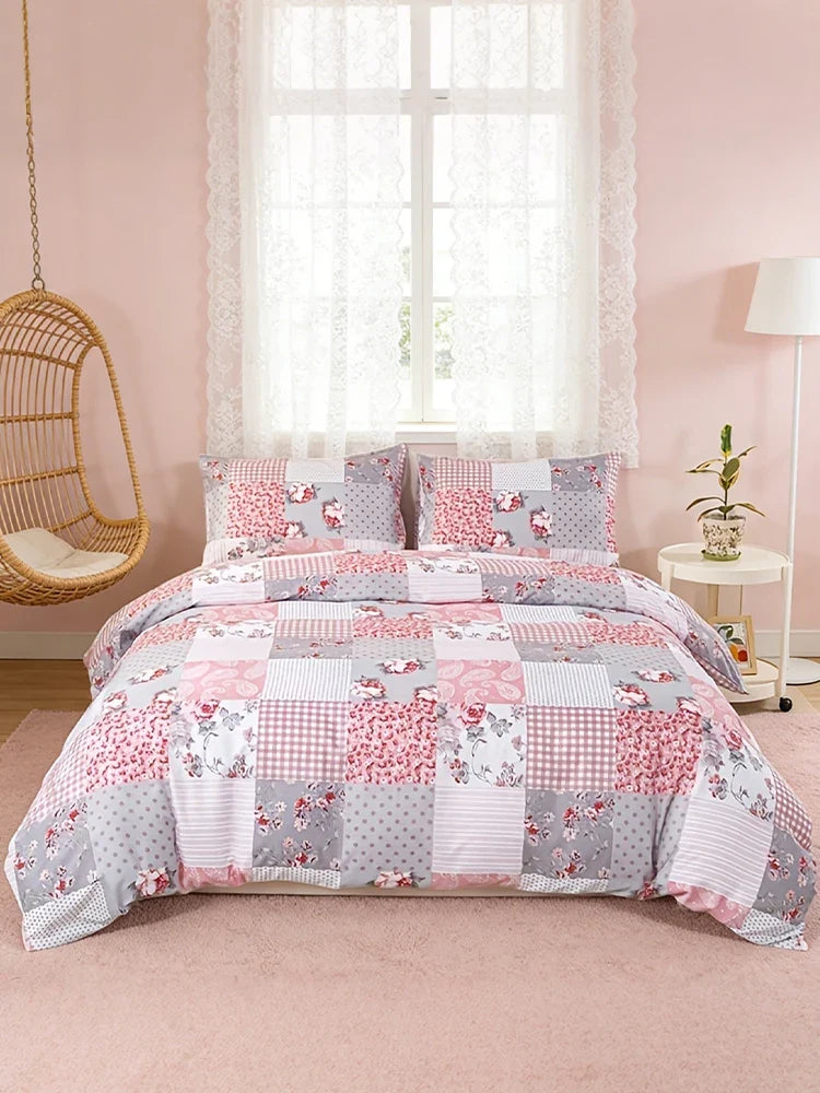 3pcs Splicing floral Pattern Duvet Cover Set, Soft Skin-Friendly Bedding Set Includes 1 Duvet Cover And 2 Pillowcases
