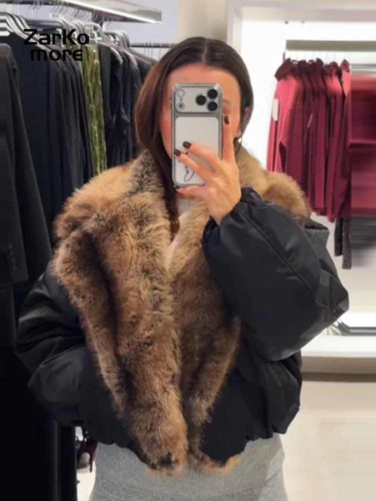 Fashion Faux Fur Patchwork Cotton Coat Women Lapel Zipper Pocket Cropped Street Warm Jacket 2026 Winter Lady Puffer Jackets New